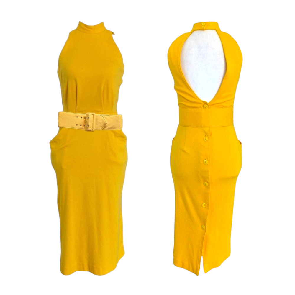 70s 80s Golden Yellow Knit Fitted Pencil Dress with wide belt